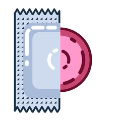Pink condom half taken out from a wrapper and ready to be used Flat design icon isolated on white background