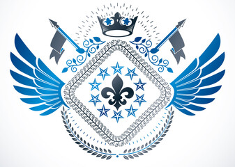 Vintage vector design element. Retro style winged label composed using lily flower, monarch crown and stars