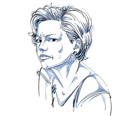 Vector portrait of attractive woman expressing doubt, illustration of good-looking female. Person emotional face expression.