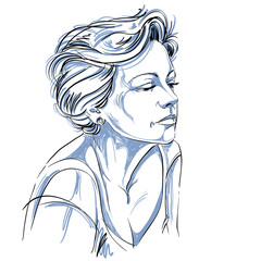 Hand-drawn portrait of white-skin sad woman, face emotions theme illustration. Beautiful sorrowful lady posing on white background.