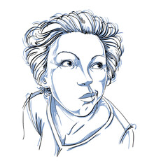 Graphic vector hand-drawn illustration of white skin attractive dazed lady with stylish haircut. People face expressions. Girl making a grimace.