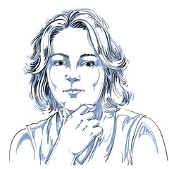 Portrait of delicate good-looking woman thinking about something, black and white vector drawing. Emotional expressions idea image.