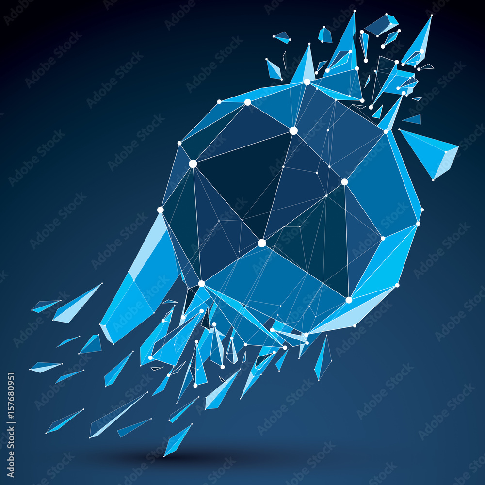 Poster 3d vector digital wireframe spherical object broken into different particles and fragments, geometri