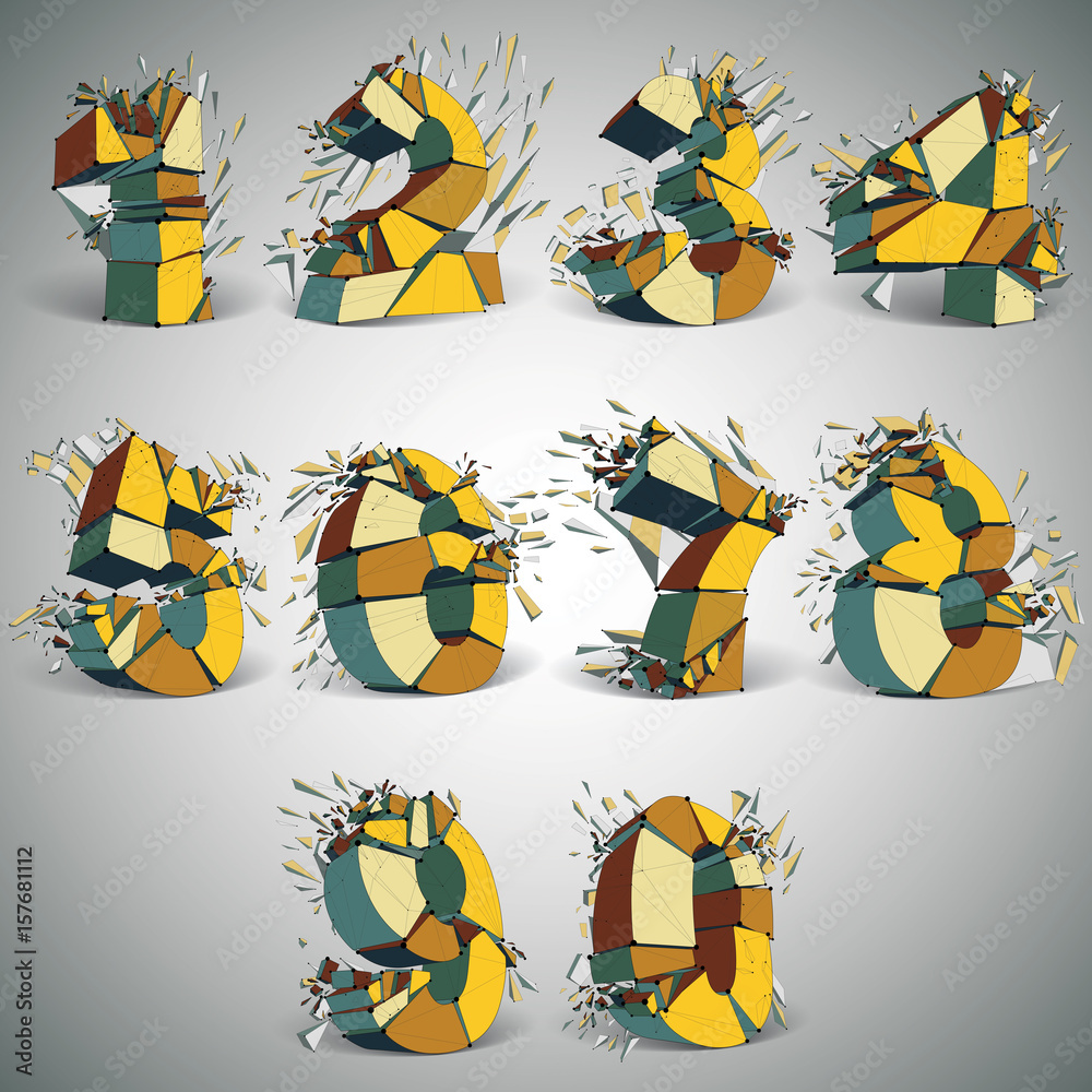 Fototapete set of abstract 3d faceted golden numbers with connected black lines and dots. vector low poly shatt