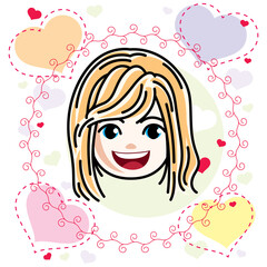 Cute girls face, human head. Vector blonde character, smiling girl face features.