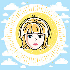 Woman face, human head. Vector character, beautiful blonde female portrait with stylish haircut.