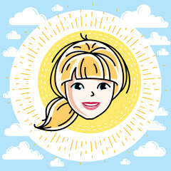 Woman face, human head. Vector character, beautiful blonde female with stylish haircut.