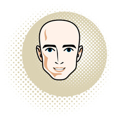 Vector illustration of handsome male face, positive face features of hairless man, clipart.