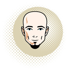Vector illustration of handsome bald male face with beard, positive face features, clipart.