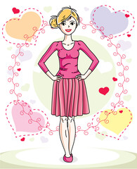 Attractive young blonde woman adult standing on colorful backdrop with Valentine romantic hearts in casual clothes. Vector human illustration.