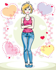 Attractive young blonde woman adult standing on colorful backdrop with Valentine romantic hearts in casual clothes. Vector human illustration.