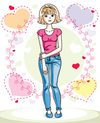 Attractive young blonde woman adult standing on colorful backdrop with Valentine romantic hearts in casual clothes. Vector human illustration.