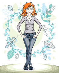 Happy pretty young redhead woman standing on background of spring landscape and wearing fashionable casual clothes. Vector character.