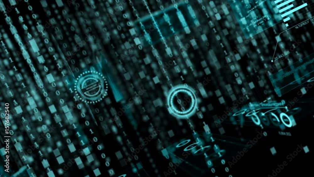 Poster 4k render flight moving pass through coding hud head up display interface and random binary digital 
