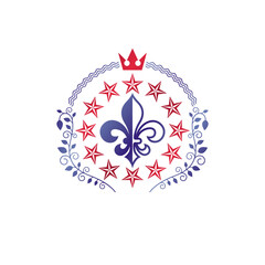 Retro vintage Insignia composed using lily flower, imperial crown and pentagonal stars. Vector royal quality idea design element, Fleur-De-Lis.