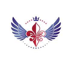 Victorian winged emblem composed using lily flower, monarch crown and pentagonal stars. Royal quality award vector design element, business label.