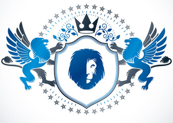 Naklejka premium Classy emblem, vector heraldic Coat of Arms composed with mythic griffon, royal crown and lion head illustration, heraldic vector.