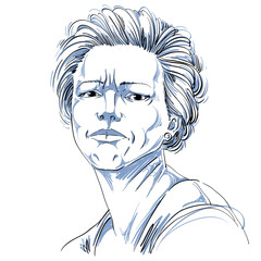 Vector drawing of angry woman with stylish haircut. Black and white portrait of attractive lady expressing doubt, disbeliever.
