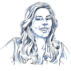 Monochrome vector hand-drawn image, happy smiling young woman. Black and white illustration of glad or jolly girl with beautiful long wavy hair.