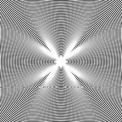 Black and white moire lines, striped  psychedelic vector background.  Op art style contrast pattern.