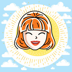 Caucasian woman face expressing positive emotions, vector human head illustration. Attractive redhead female with stylish haircut.