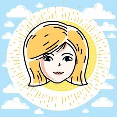 Woman face, human head. Vector character, beautiful blonde female portrait with stylish haircut.