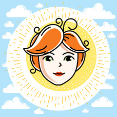 Beautiful women face, human head. Vector redhead character, attractive lady face features.