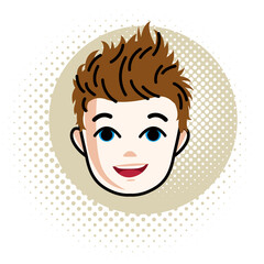 Boy face, vector human head illustration, portrait. Red-haired teenager expressing positive emotions.