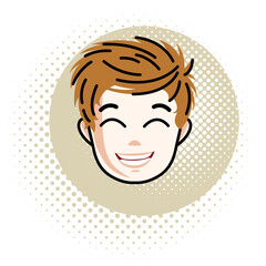 Boy face, vector human head illustration, portrait. Red-haired teenager expressing positive emotions.
