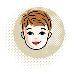 Boy face, vector human head illustration, portrait. Red-haired teenager expressing positive emotions.