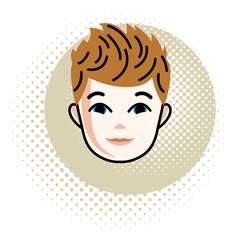 Boy face, vector human head illustration, portrait. Red-haired teenager expressing positive emotions.