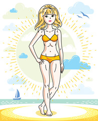Obraz na płótnie Canvas Attractive young blonde woman standing on tropical beach and wearing bathing suit. Vector human illustration. Summer vacation theme.