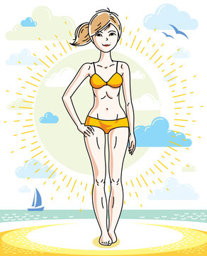 Attractive young blonde woman standing on tropical beach and wearing bathing suit. Vector human illustration. Summer vacation theme.