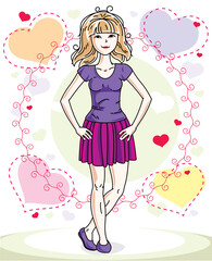 Young beautiful blonde woman adult standing on colorful background with Valentine hearts in modern casual clothes. Vector nice lady illustration.