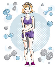 Young beautiful blonde athletic woman posing on simple background with dumbbells and barbells. Vector illustration of attractive female.  Active and healthy lifestyle theme cartoon.