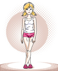 Attractive young blonde sportswoman adult standing. Vector illustration of lady wearing pink shorts.  Sport style.