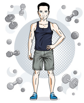 Confident handsome brunet young man is standing on simple background with dumbbells and barbells. Vector illustration of sportsman, sport style.