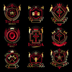 Vintage decorative heraldic vector emblems composed with elements like eagle wings, religious crosses, armory and medieval castles, animals. Collection of classy symbolic illustrations.