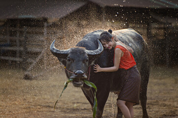 Woman farmer taking a shower with her buffalo afterwork.