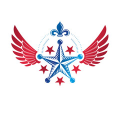 Winged ancient pentagonal Star emblem, the best. Heraldic vector design element decorated with Lily flower, premium symbol.  Retro style label, heraldry logo.