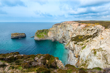 Fototapeta na wymiar Gullyn Rock is on the Noth Cornish Coast between Portreath and Porthtowan, Cornwall, UK
