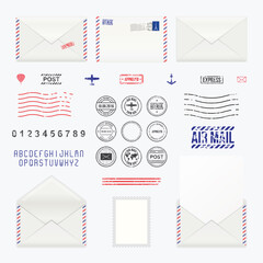 Set of post stamp symbols, mail envelope, icons, vector illustration