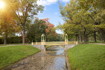 the bridge over the channel overgrown with a duckweed. Catherine Park. Pushkin (Tsarskoye Selo)....
