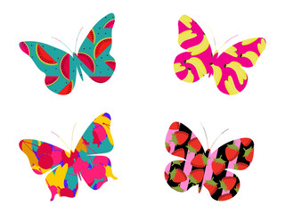 Butterfly with a pattern of berries and fruit isolated on a white background. Bananas, strawberries and watermelon. Vector illustration