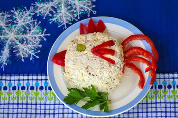 Festive salad in shape of chicken, symbol of 2017 year