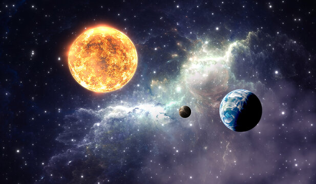 Exoplanets or Extrasolar planets on background nebula, illustration