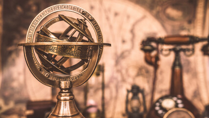 Antique Bronze Sundial Compass On Ancient World Map.