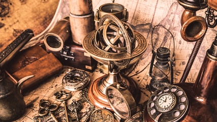 Antique compass, sundial compass and old collection