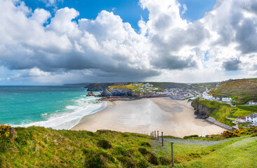 Portreath Beach seen from Western Hill. Portreath, Cornwall, UK.