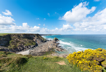 Basset's Cove and the Crane Islands near Portreath, Cornwall, UK
